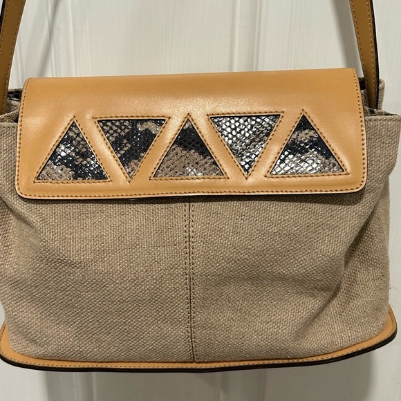 Vintage Cristian Italy Shoulder Bag Linen & Leather Snake Skin Accents - Picture 1 of 6